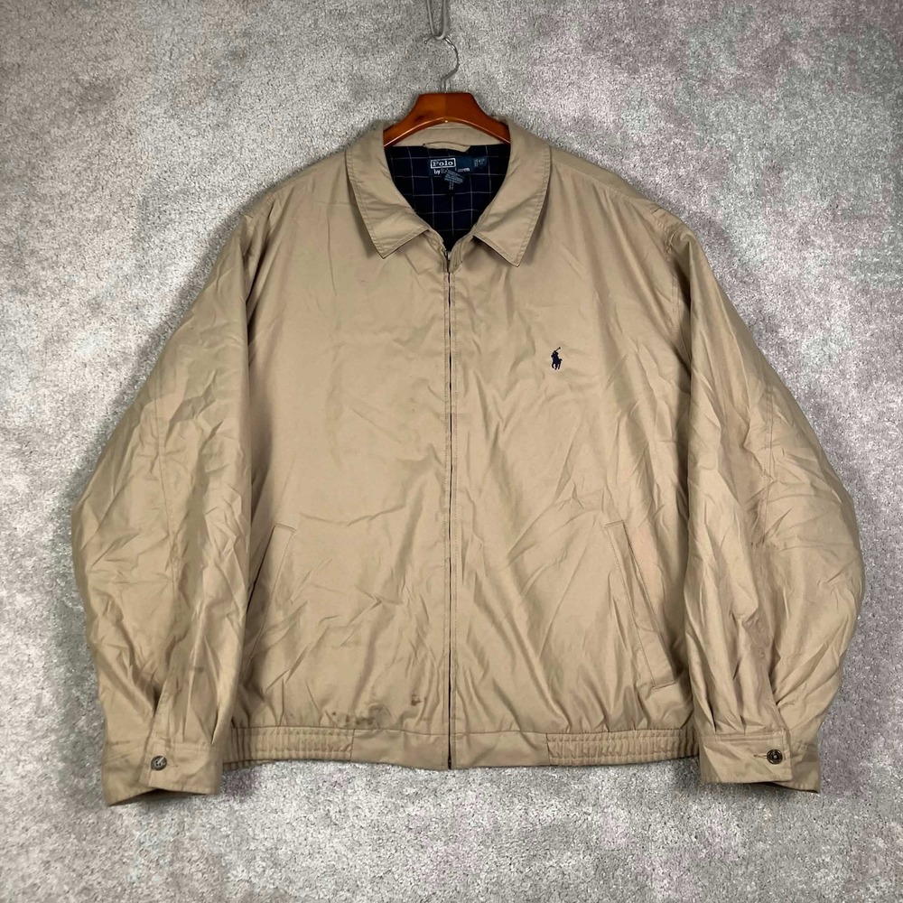 VTG Polo Ralph Lauren Bi Swing Harrington Jacket Men 4XB Tan Plaid Fleece Coat